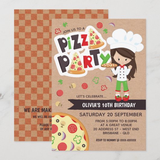 Faux Kraft Girl Pizza Party Birthday Invitation Kaart (Voorkant / Achterkant)