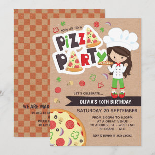 Faux Kraft Girl Pizza Party Birthday Invitation Kaart