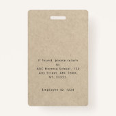 Faux Kraft Minimalist ID Kaart Fotonaam Logo Badge (Achterkant)