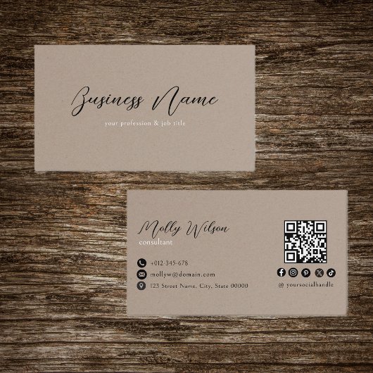 Faux Kraft Minimalistische QR-code Social Media Visitekaartje