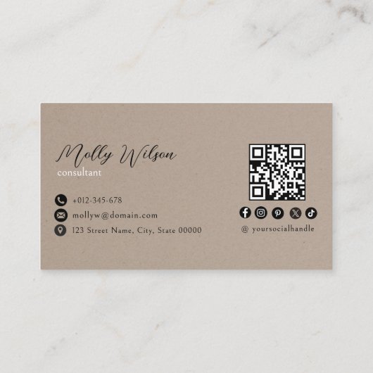 Faux Kraft Minimalistische QR-code Social Media Visitekaartje (Achterkant)