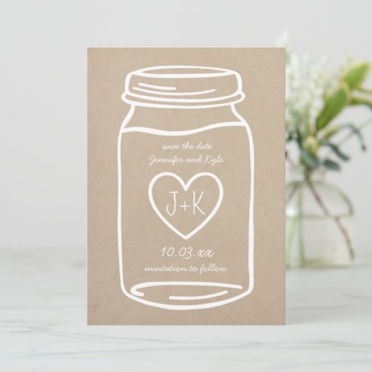 Faux Kraft Papier rustieke metselaar pot save the  Save The Date (Staand voorkant)