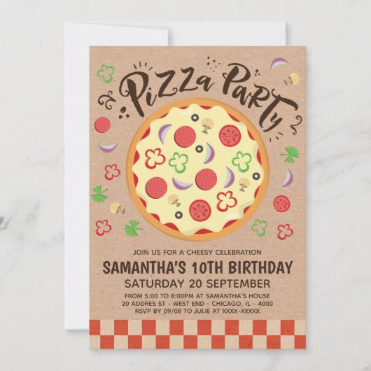 Faux Kraft Pizza Party Birthday Invitation Kaart (Voorkant)