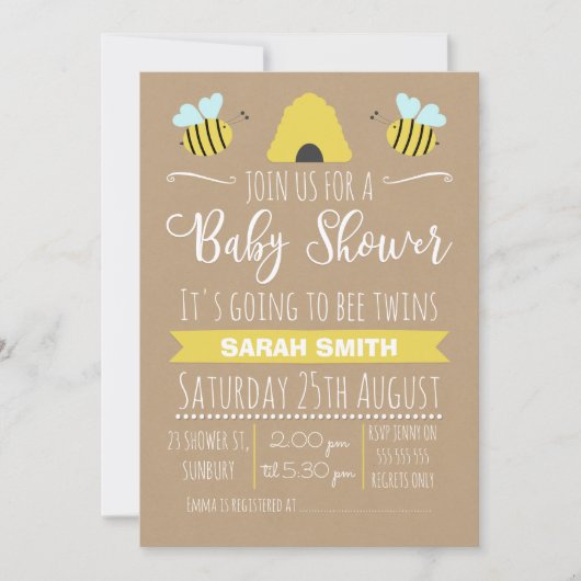 Faux Kraft Twins Busy Bee baby shower Invitation Kaart (Voorkant)