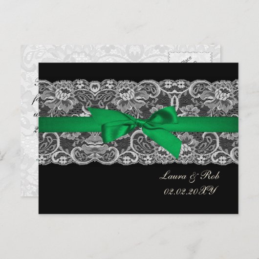 Faux lace ribbon emerald green bruiloft briefkaart (Voorkant / Achterkant)