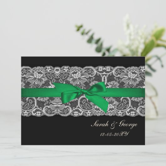 Faux lace ribbon emerald green bruiloft uitnodigt kaart (Staand voorkant)