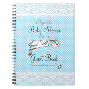 Faux Lace, Stork Blue Baby shower Guest Book- Notitieboek