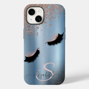 Faux Lashes Black Glitter Diamonds Roos Gold, Blue Case-Mate iPhone 14 Hoesje