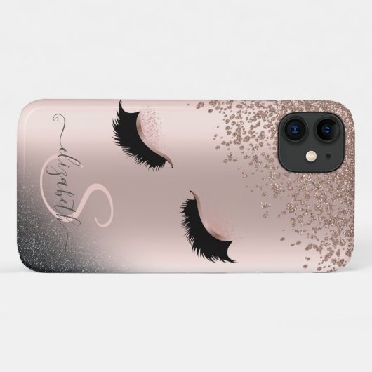 Faux Lashes Black Glitter Diamonds Roos Gold Case-Mate iPhone Case (Achterkant (horizontaal))