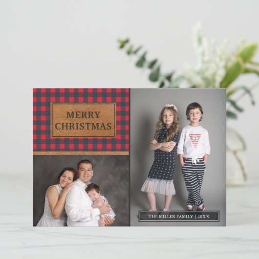 Faux Leather Buffalo Pset-kerstfoto Collage Feestdagenkaart (Staand voorkant)