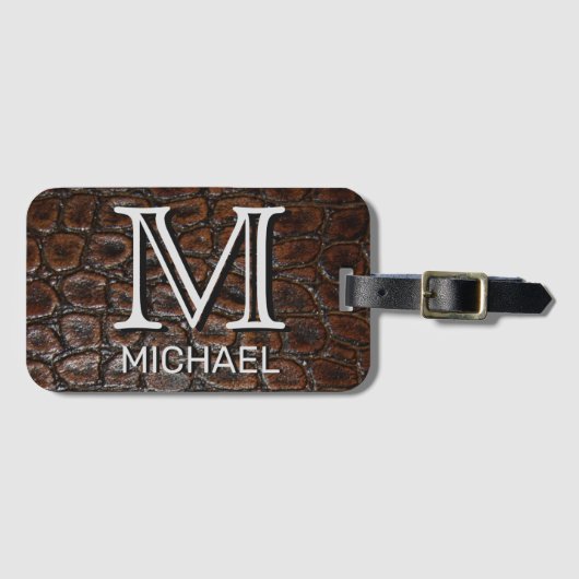 Faux Leather Custom Name en Monogrammed Bagagelabel (Voorkant (horizontaal))