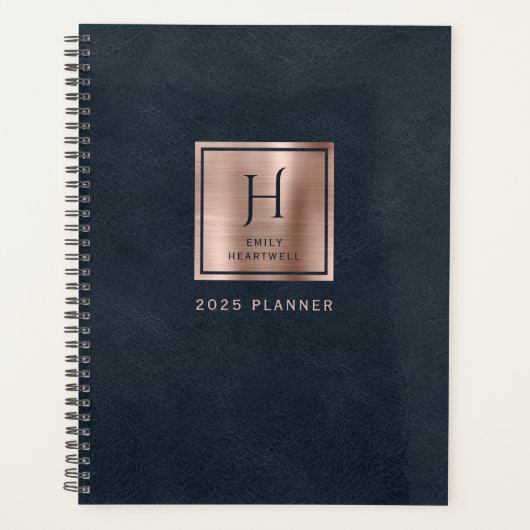 Faux Leather Navy Blue Roos Gold Monogram 2025 Planner (Voorkant)