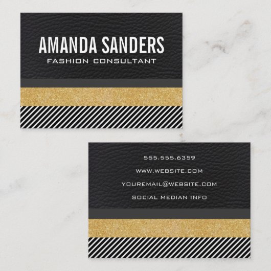 Faux leder, glitter en stripes visitekaartje (Voorkant / Achterkant)