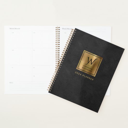 Faux leder look zwart goud monogram 2024 planner (Display)