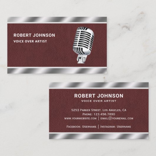 Faux-leder-metallische microfoon Stem over artiest Visitekaartje (Voorkant / Achterkant)