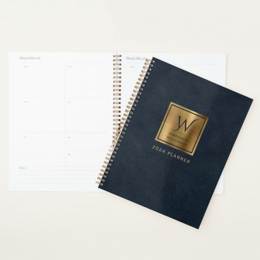 Faux Lederen Look Navy Blauw Goud Monogram 2024 Planner (Display)