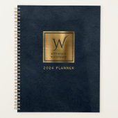 Faux Lederen Look Navy Blauw Goud Monogram 2024 Planner (Voorkant)