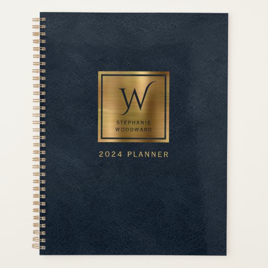 Faux Lederen Look Navy Blauw Goud Monogram 2024 Planner (Voorkant)