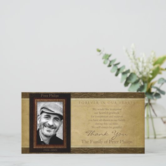Faux lederen perkament Foto Sympathy Bedankt (Staand voorkant)