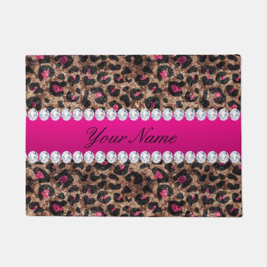 Faux Leopard Hot Pink Roos Gold Foil en Diamonds Deurmat (Voorkant)