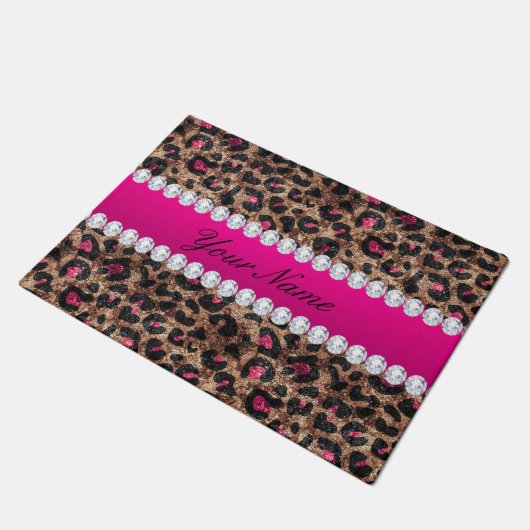 Faux Leopard Hot Pink Roos Gold Foil en Diamonds Deurmat (Schuin)