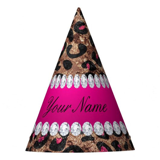 Faux Leopard Hot Pink Roos Gold Foil en Diamonds Feesthoedjes (Voorkant)