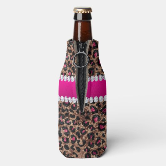 Faux Leopard Hot Pink Roos Gold Foil en Diamonds Flesjeskoeler (Fles Achterkant)