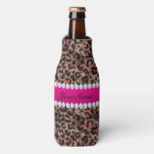 Faux Leopard Hot Pink Roos Gold Foil en Diamonds Flesjeskoeler (Fles Voorkant)