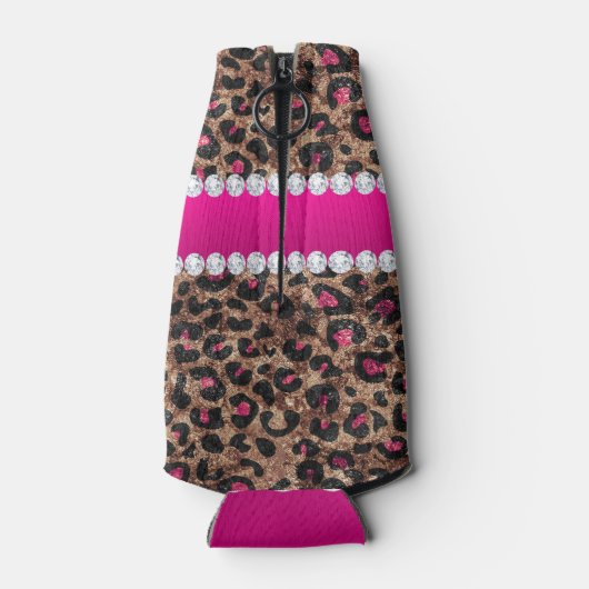 Faux Leopard Hot Pink Roos Gold Foil en Diamonds Flesjeskoeler (Achterkant)