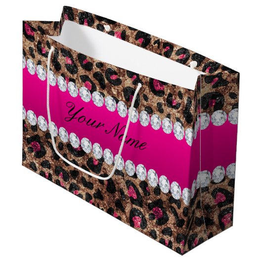 Faux Leopard Hot Pink Roos Gold Foil en Diamonds Large Cadeautasje (Voorkant Gekanteld)