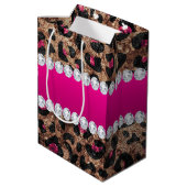 Faux Leopard Hot Pink Roos Gold Foil en Diamonds Medium Cadeauzakje (Achterkant Gekanteld)