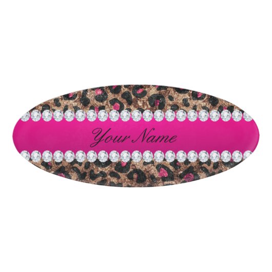 Faux Leopard Hot Pink Roos Gold Foil en Diamonds Naambadge (Voorkant)