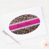 Faux Leopard Hot Pink Roos Gold Foil en Diamonds Ovale Sticker (Envelop)