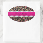 Faux Leopard Hot Pink Roos Gold Foil en Diamonds Ovale Sticker (Tas)
