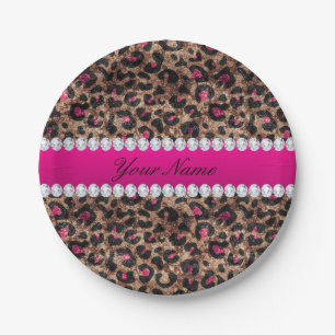 Faux Leopard Hot Pink Roos Gold Foil en Diamonds Papieren Bordje