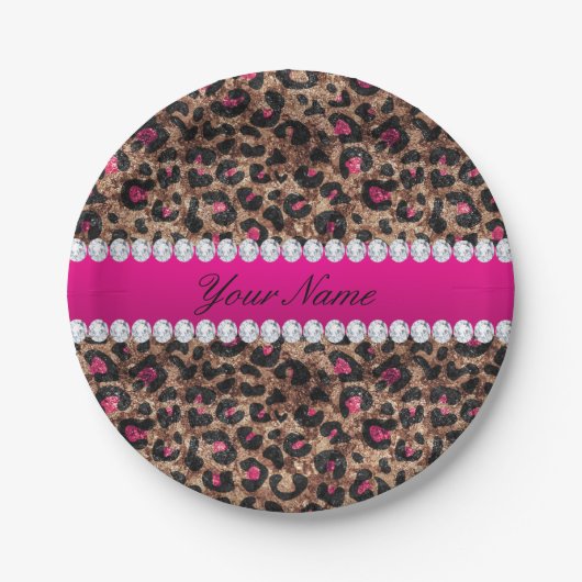 Faux Leopard Hot Pink Roos Gold Foil en Diamonds Papieren Bordje (Voorkant)