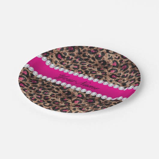 Faux Leopard Hot Pink Roos Gold Foil en Diamonds Papieren Bordje (Gekanteld)
