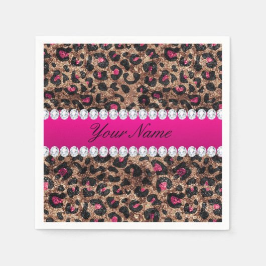 Faux Leopard Hot Pink Roos Gold Foil en Diamonds Servetten (Voorkant)