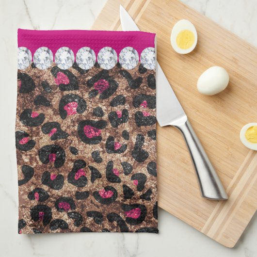 Faux Leopard Hot Pink Roos Gold Foil en Diamonds Theedoek (Quarter Fold)