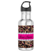 Faux Leopard Hot Pink Roos Gold Foil en Diamonds Waterfles (Voorkant)