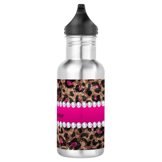 Faux Leopard Hot Pink Roos Gold Foil en Diamonds Waterfles (Rechts)