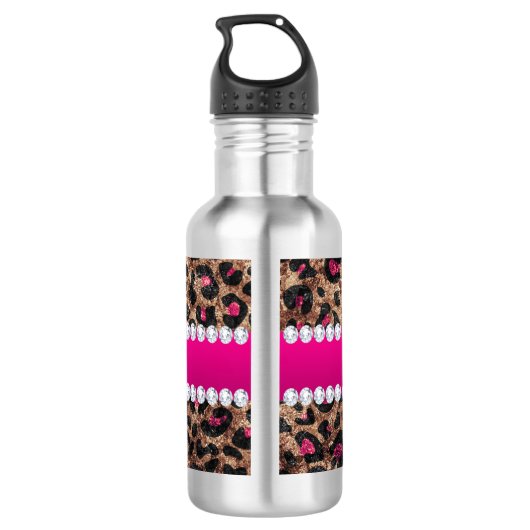 Faux Leopard Hot Pink Roos Gold Foil en Diamonds Waterfles (Achterkant)