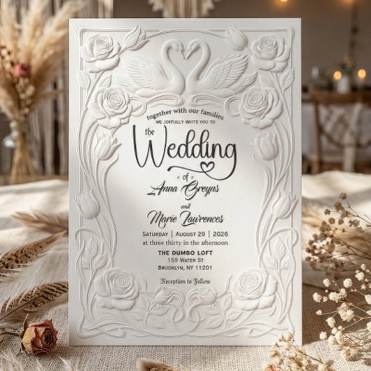 Faux Letterpress Embossed Floral Swan Wedding   Kaart