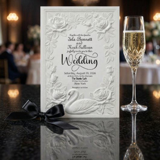 Faux Letterpress Embossed Swan Floral Wedding Kaart