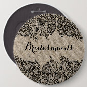 Faux Linen Black Paisley Lace Bridesmaids Button (Voorkant /achterkant)