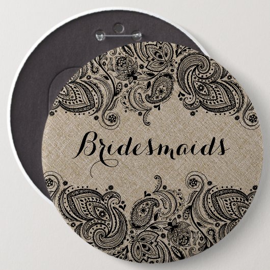 Faux Linen Black Paisley Lace Bridesmaids Button (Voorkant /achterkant)