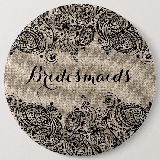 Faux Linen Black Paisley Lace Bridesmaids Button (Voorkant)