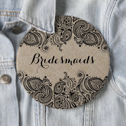 Faux Linen Black Paisley Lace Bridesmaids Button (In situ)