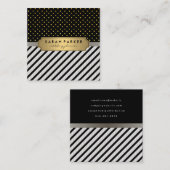 Faux Linen Black Stripes Polka Dots Vierkante Visitekaartje (Voorkant / Achterkant)