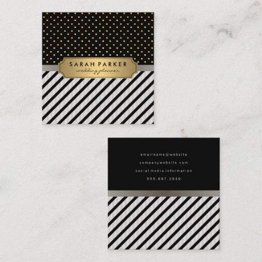 Faux Linen Black Stripes Polka Dots Vierkante Visitekaartje (Voorkant / Achterkant)
